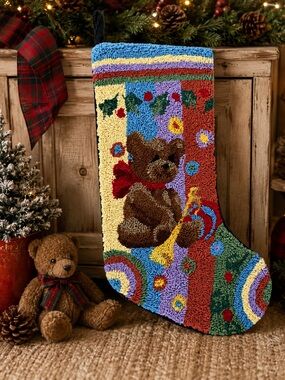 Vintage Hand Hooked Wool Teddy Bear Christmas Stocking Holiday Decor